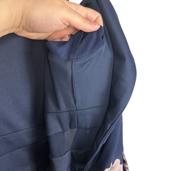 Xscape Navy Blue Brocade Floral High Low Formal Long Sleeve Midi Gown Size 18W - Picture 11 of 14